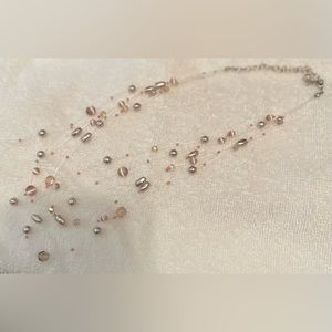 Necklace beaded w/ pink, silver, clear beads, w/ silver tone clasp